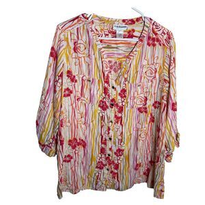 CD Daniels Blouse Women's 2X Colorful V-Neck 3/4 Sleeve Button Up Shirt Top